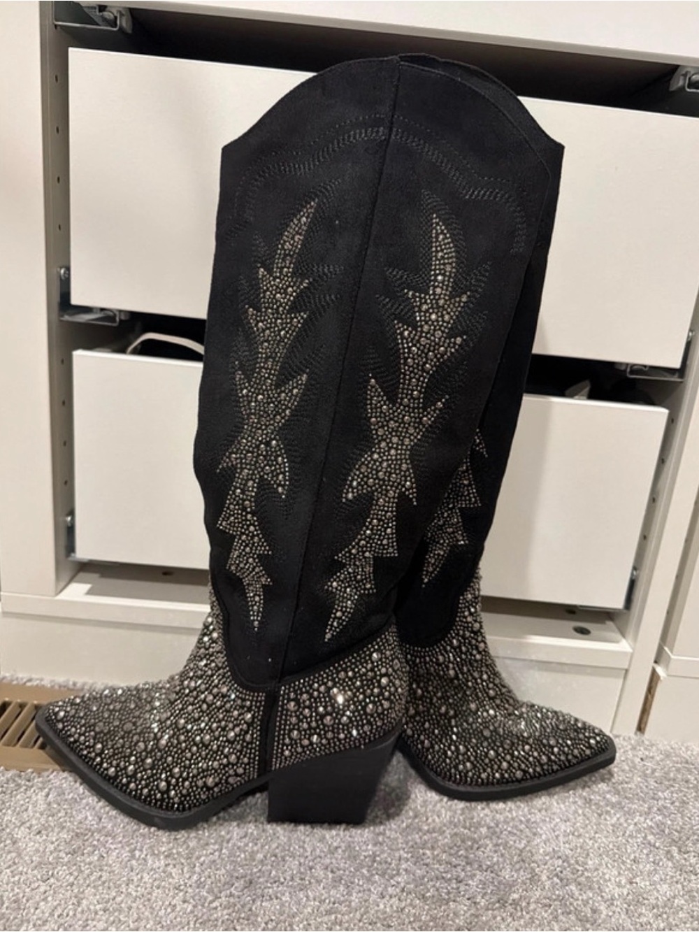 Black Studded Western Knee-High Boots - Fashion Women Shoes